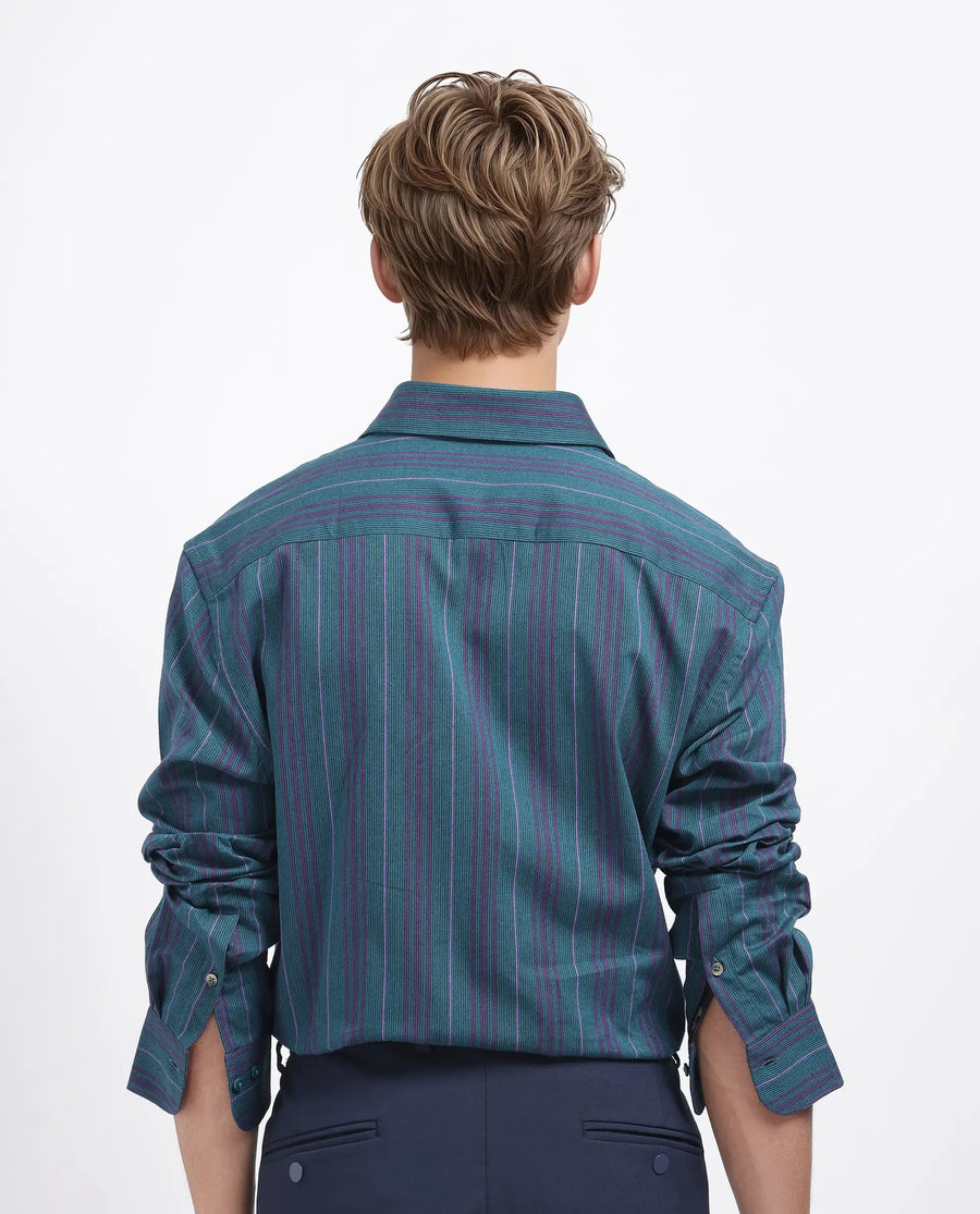 Rare Rabbit Men's Warsaw Dark Green Cotton Striped Print Regular Fit Full Sleeve Collared Shirt