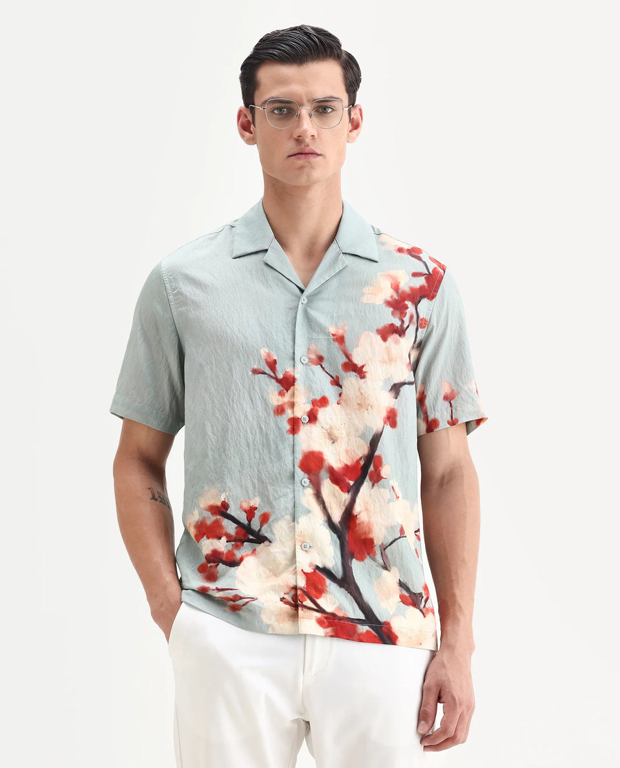 Rare Rabbit Men's Water Blue Viscose Blend Fabric Cuban Collar Relaxed Fit Floral Print Shirt