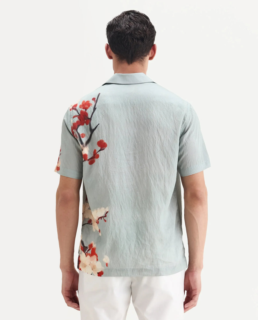 Rare Rabbit Men's Water Blue Viscose Blend Fabric Cuban Collar Relaxed Fit Floral Print Shirt