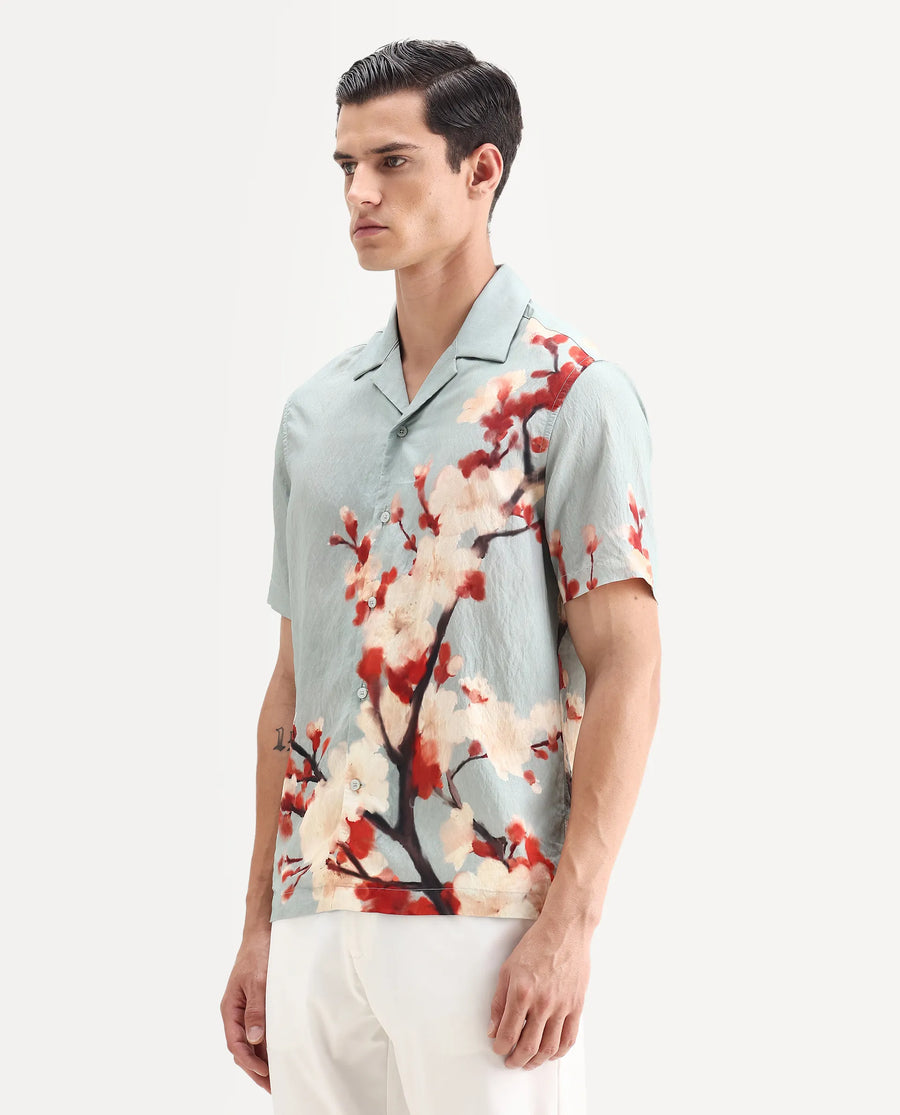 Rare Rabbit Men's Water Blue Viscose Blend Fabric Cuban Collar Relaxed Fit Floral Print Shirt