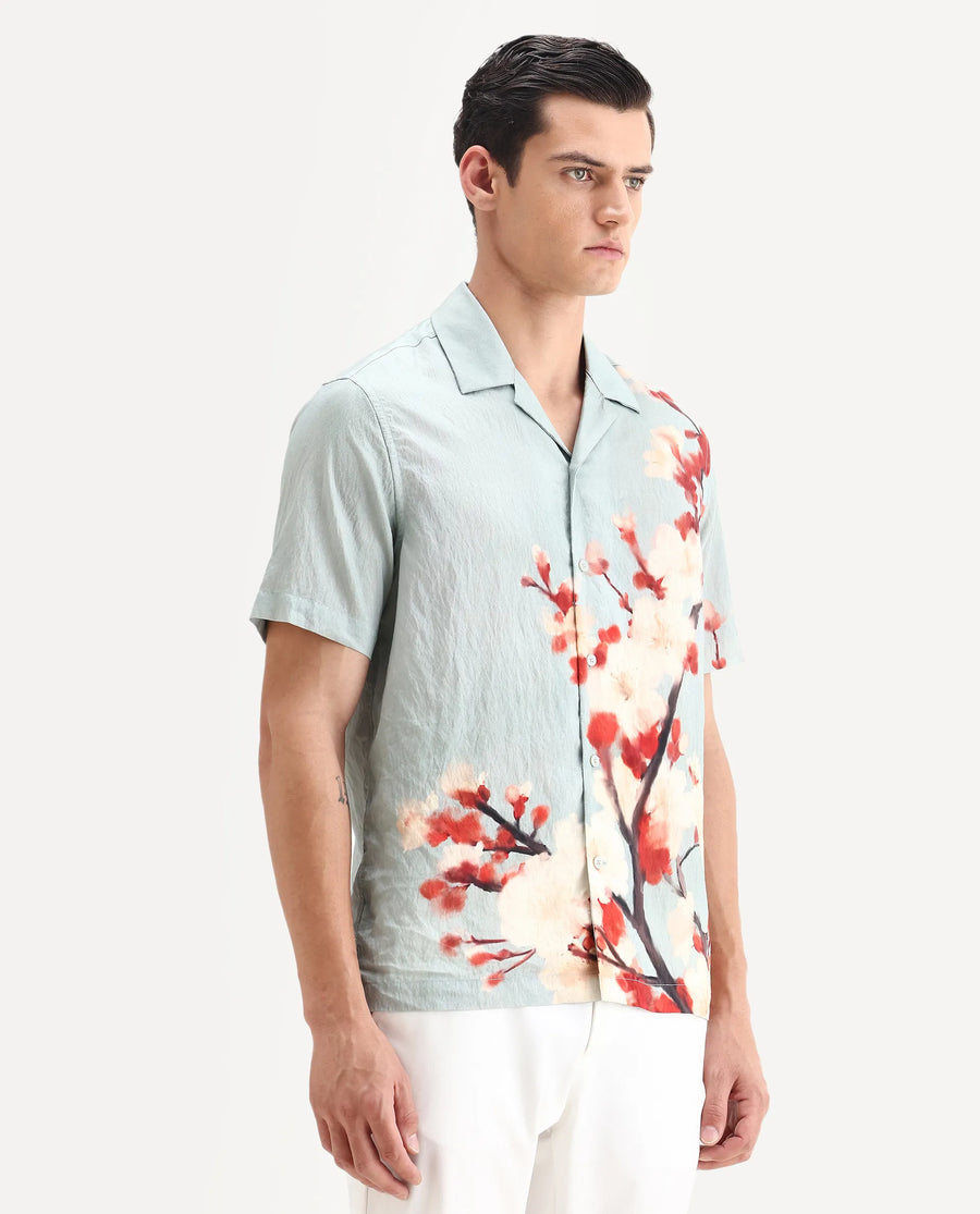 Rare Rabbit Men's Water Blue Viscose Blend Fabric Cuban Collar Relaxed Fit Floral Print Shirt