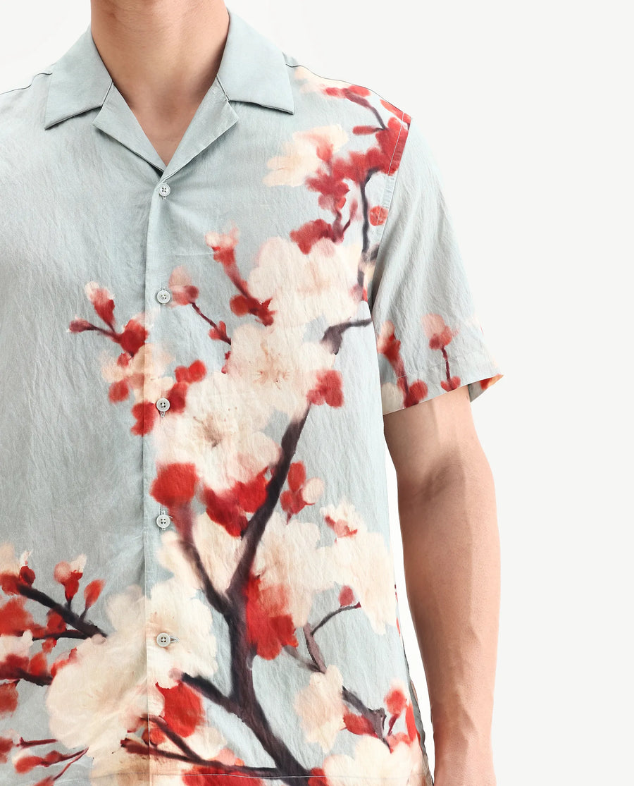 Rare Rabbit Men's Water Blue Viscose Blend Fabric Cuban Collar Relaxed Fit Floral Print Shirt
