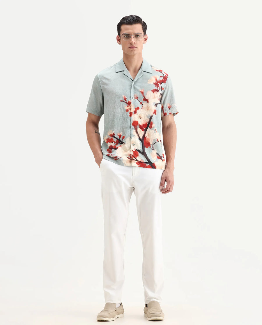 Rare Rabbit Men's Water Blue Viscose Blend Fabric Cuban Collar Relaxed Fit Floral Print Shirt