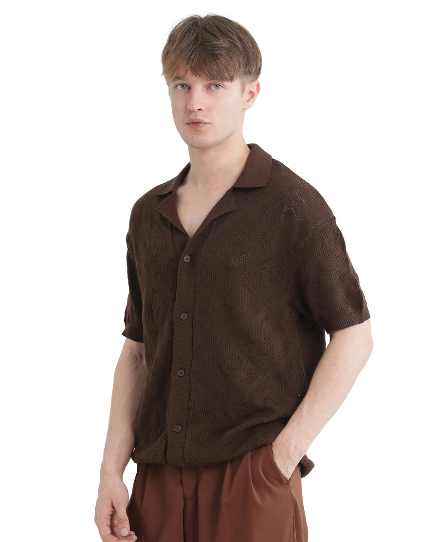 Rare Rabbit Men's Wats Brown Cotton Textured Boxy Fit Half Sleeve Cuban Collar Shirt