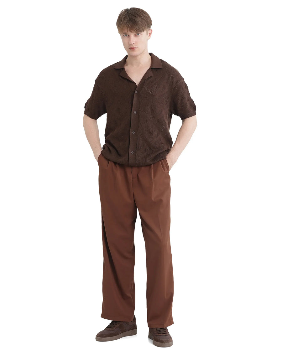 Rare Rabbit Men's Wats Brown Cotton Textured Boxy Fit Half Sleeve Cuban Collar Shirt