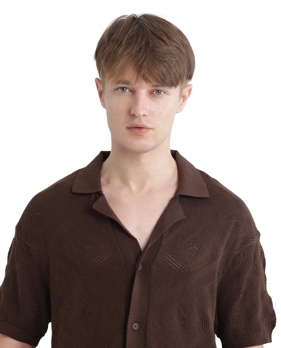 Rare Rabbit Men's Wats Brown Cotton Textured Boxy Fit Half Sleeve Cuban Collar Shirt