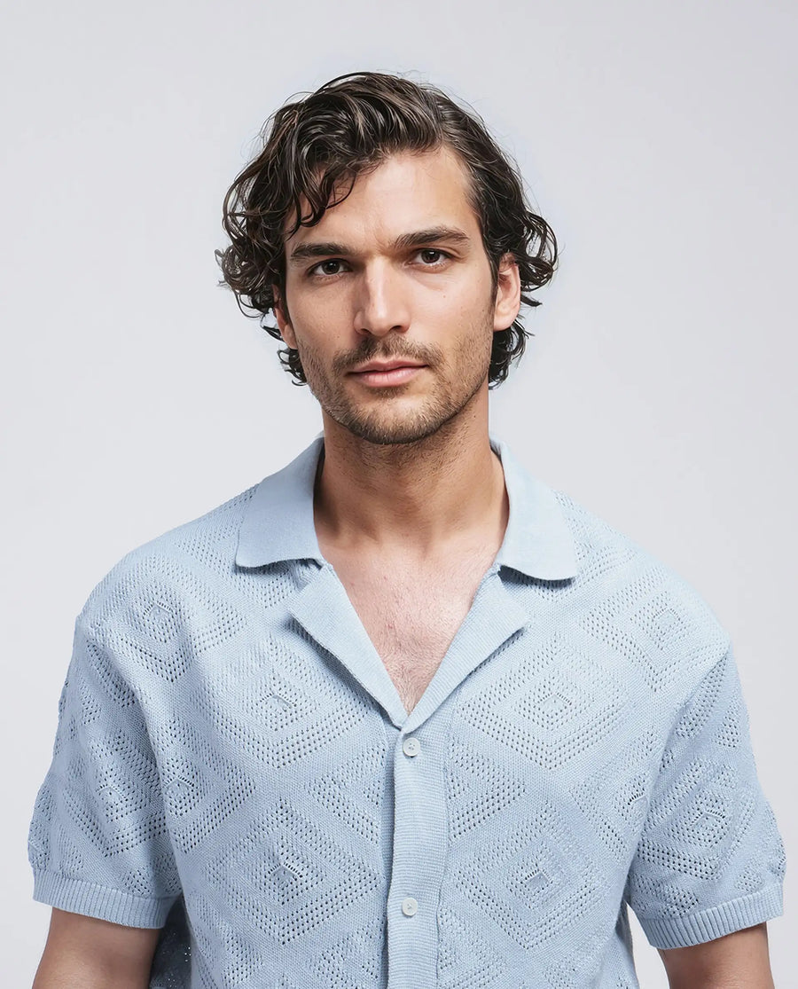Rare Rabbit Men's Wats Dusky Blue Cotton Knitted Boxy Fit Half Sleeve Cuban Collar Shirt