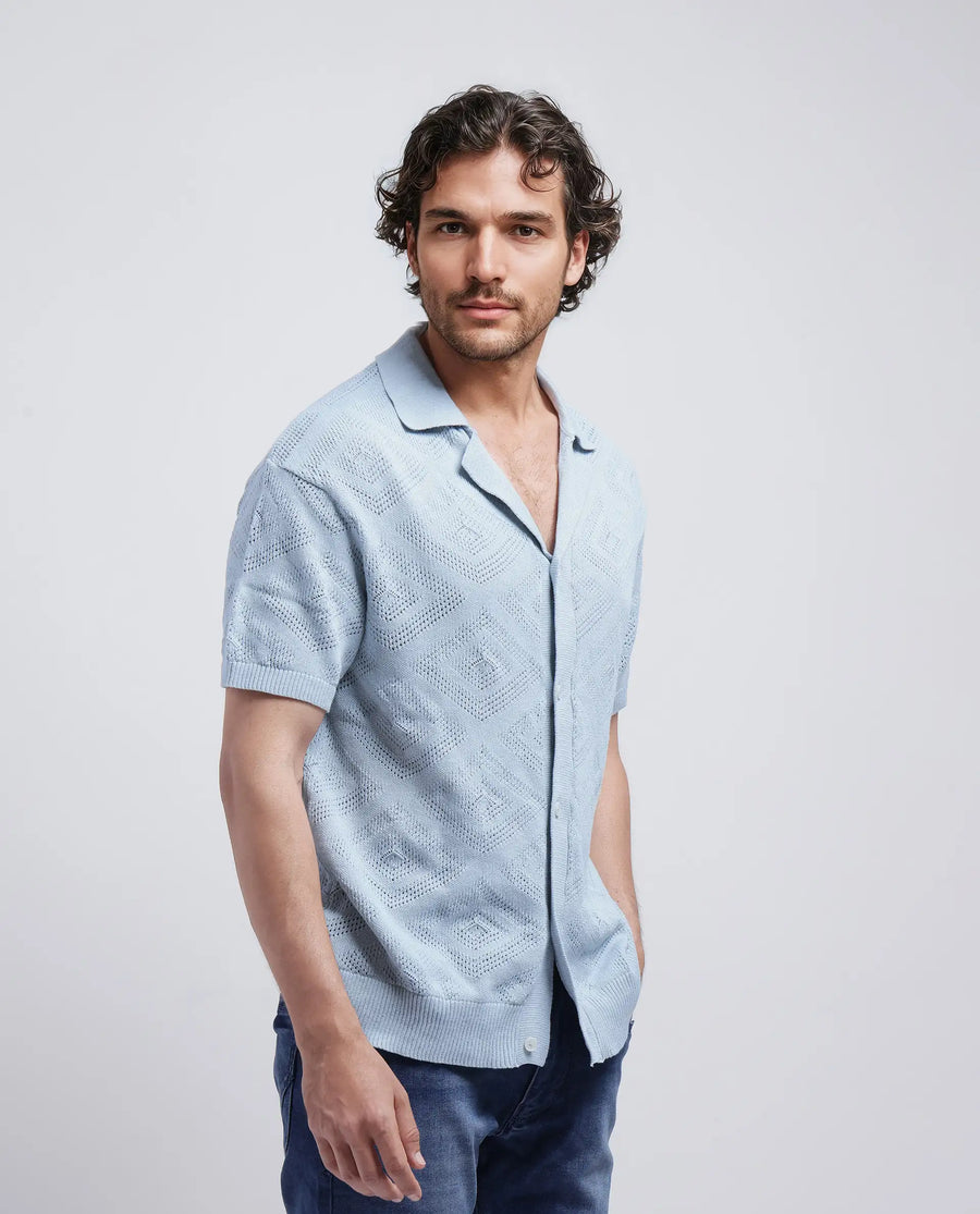Rare Rabbit Men's Wats Dusky Blue Cotton Knitted Boxy Fit Half Sleeve Cuban Collar Shirt