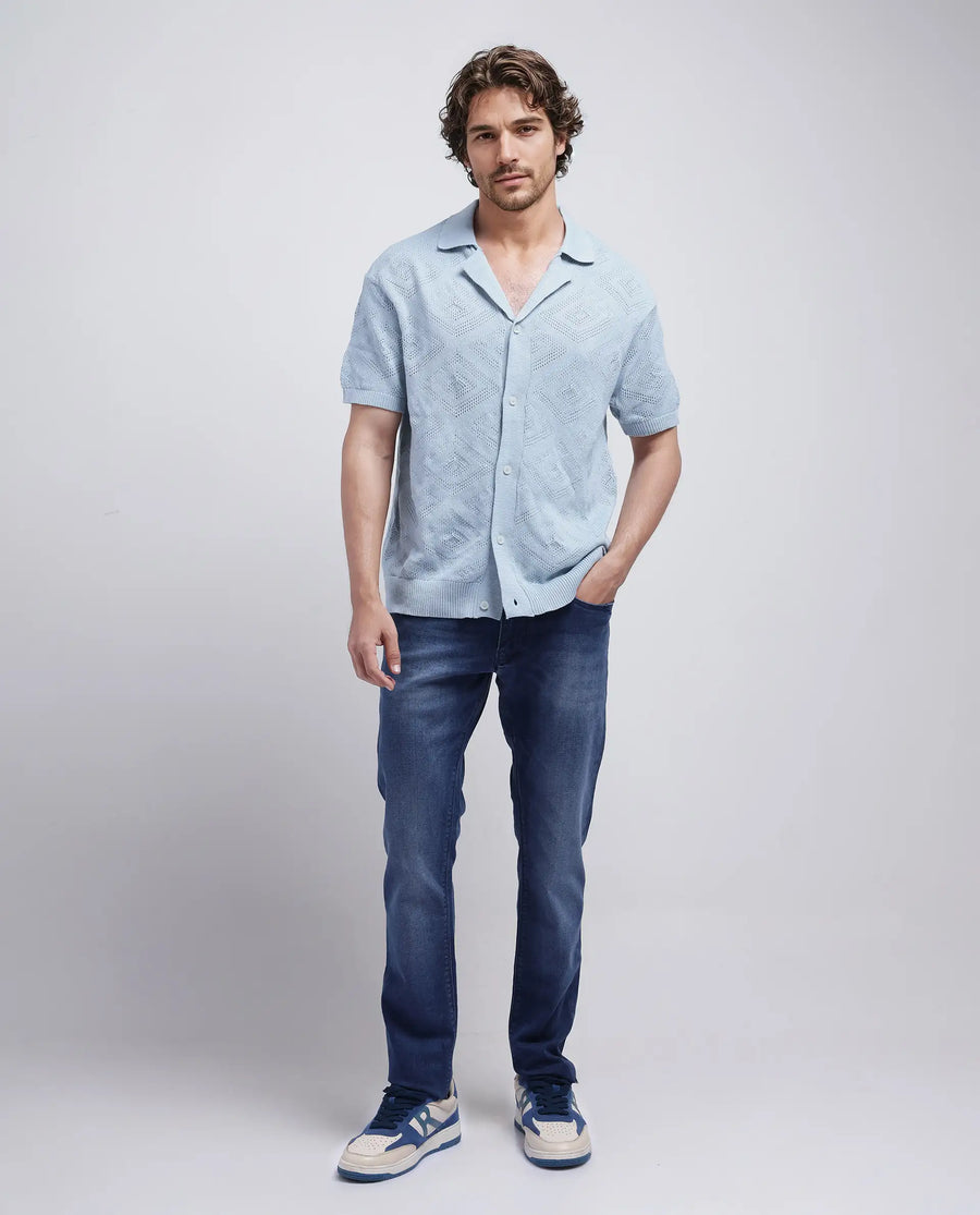 Rare Rabbit Men's Wats Dusky Blue Cotton Knitted Boxy Fit Half Sleeve Cuban Collar Shirt