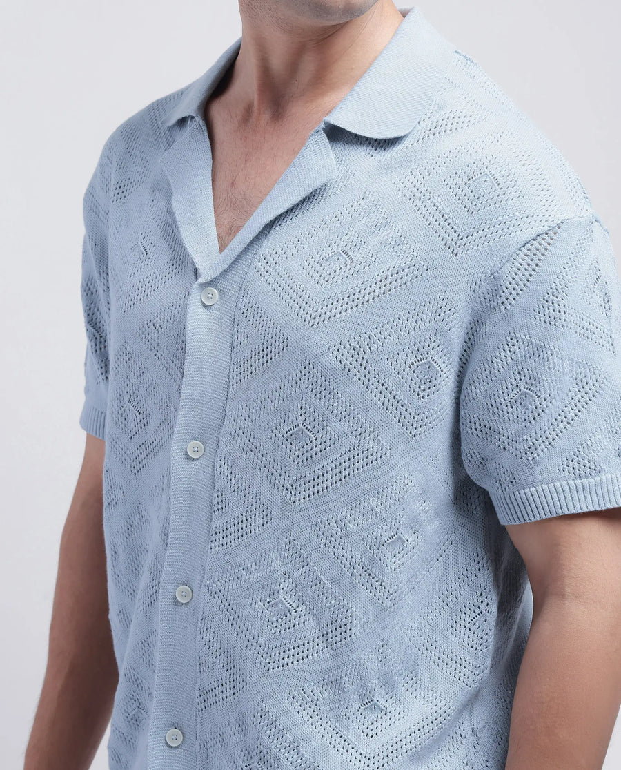 Rare Rabbit Men's Wats Dusky Blue Cotton Knitted Boxy Fit Half Sleeve Cuban Collar Shirt