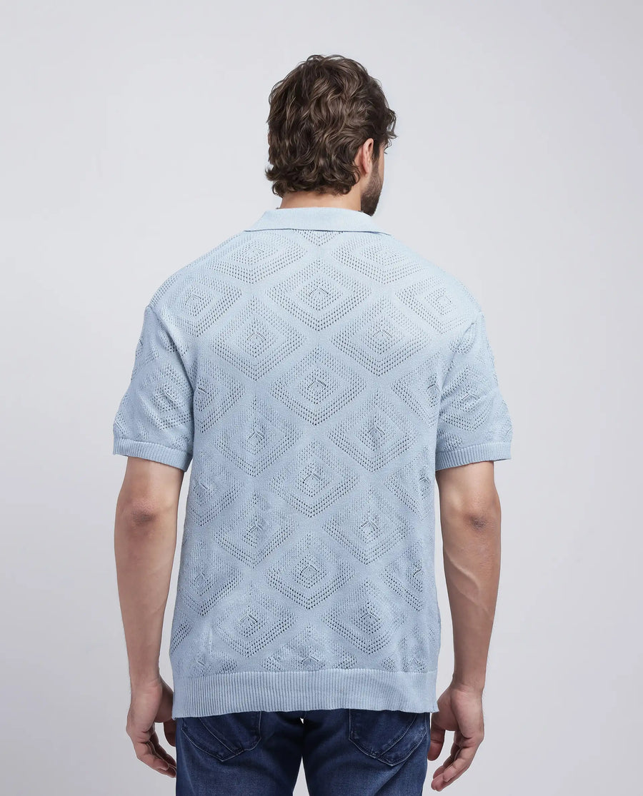 Rare Rabbit Men's Wats Dusky Blue Cotton Knitted Boxy Fit Half Sleeve Cuban Collar Shirt