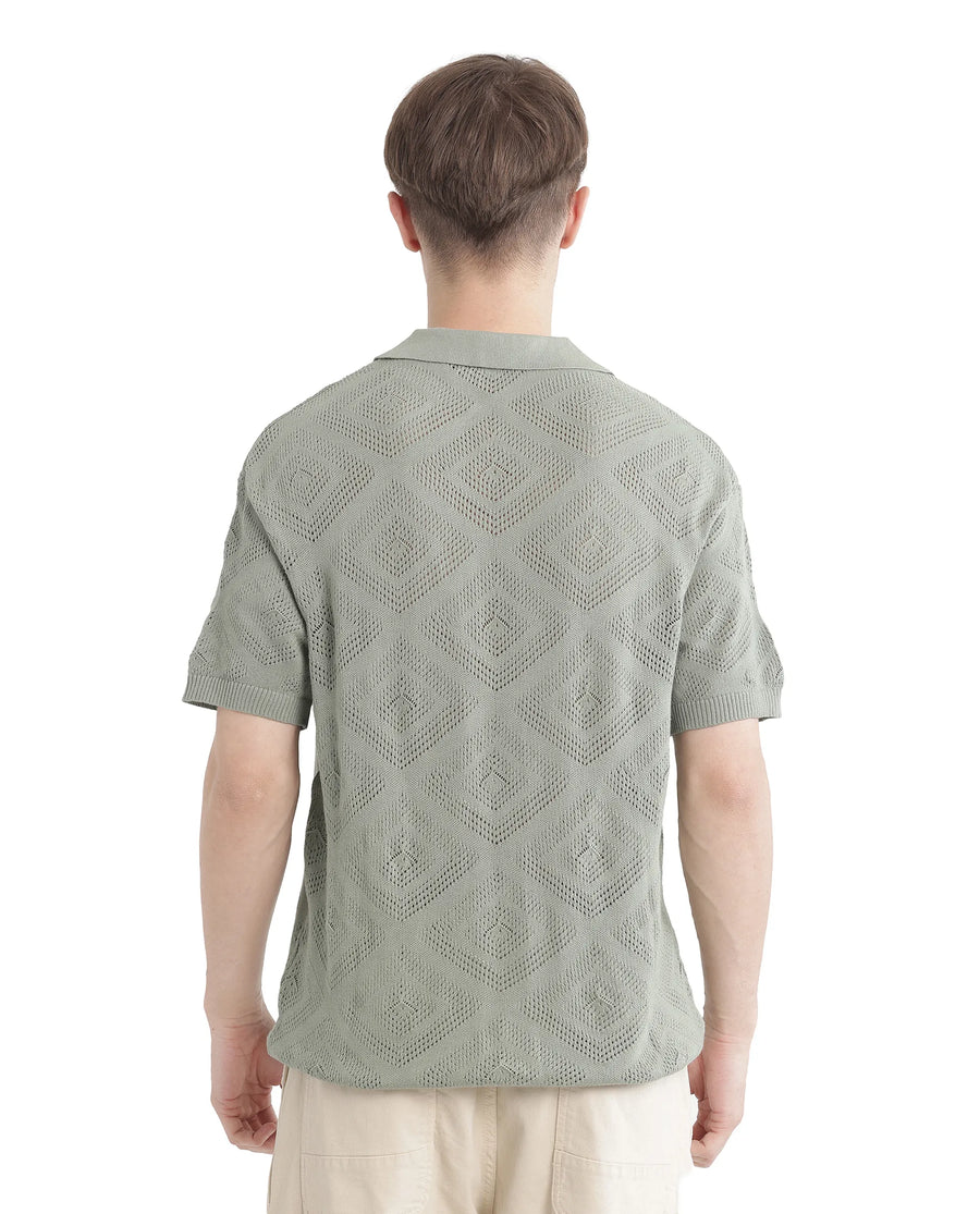 Rare Rabbit Men's Wats Dusky Green Cotton Textured Boxy Fit Half Sleeve Cuban Collar Shirt