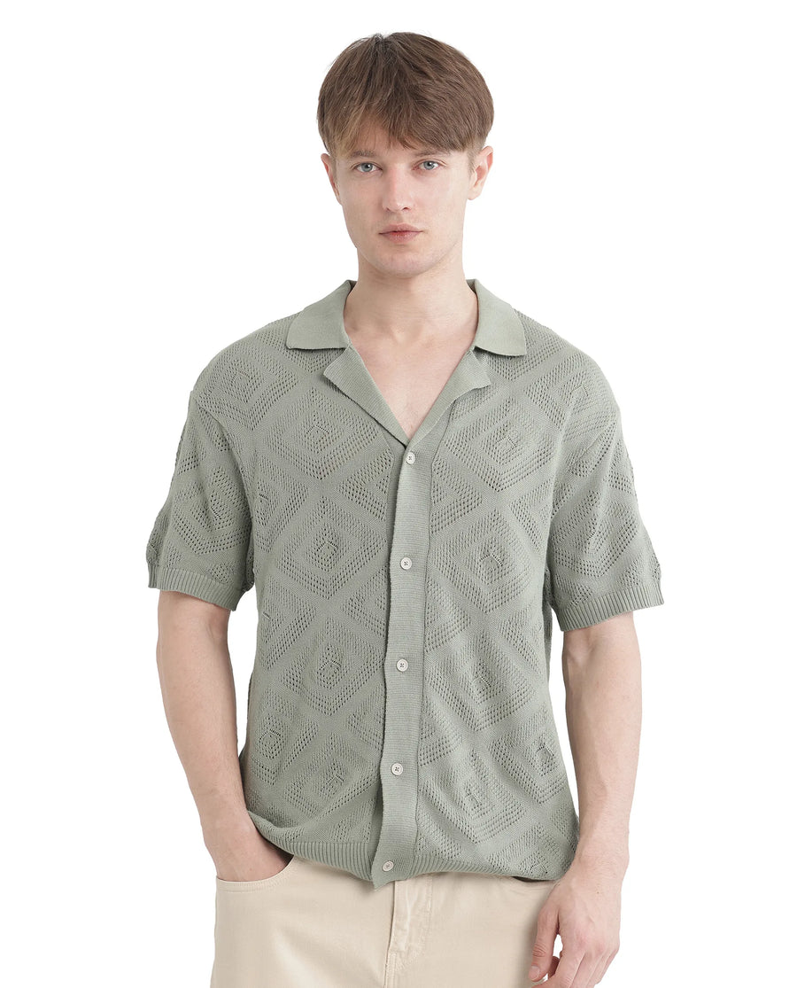 Rare Rabbit Men's Wats Dusky Green Cotton Textured Boxy Fit Half Sleeve Cuban Collar Shirt