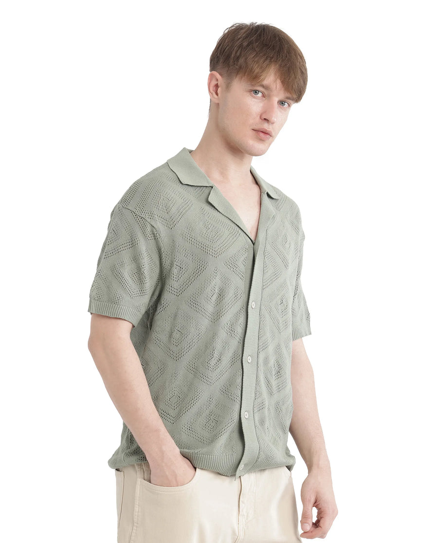 Rare Rabbit Men's Wats Dusky Green Cotton Textured Boxy Fit Half Sleeve Cuban Collar Shirt