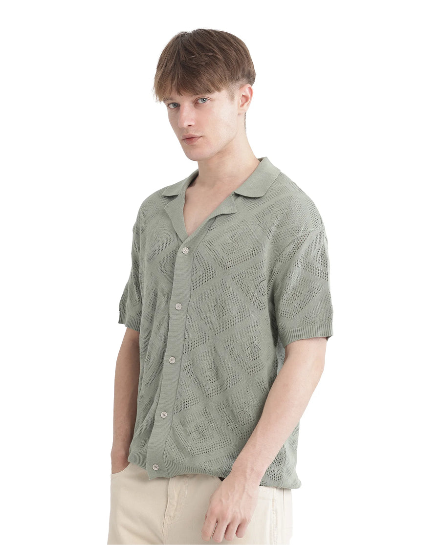 Rare Rabbit Men's Wats Dusky Green Cotton Textured Boxy Fit Half Sleeve Cuban Collar Shirt