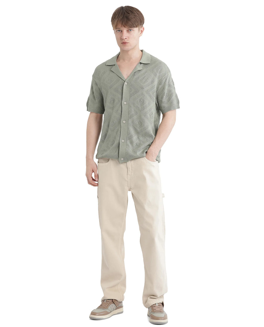 Rare Rabbit Men's Wats Dusky Green Cotton Textured Boxy Fit Half Sleeve Cuban Collar Shirt