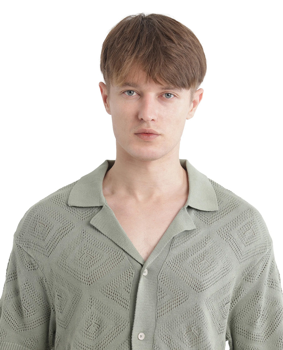 Rare Rabbit Men's Wats Dusky Green Cotton Textured Boxy Fit Half Sleeve Cuban Collar Shirt