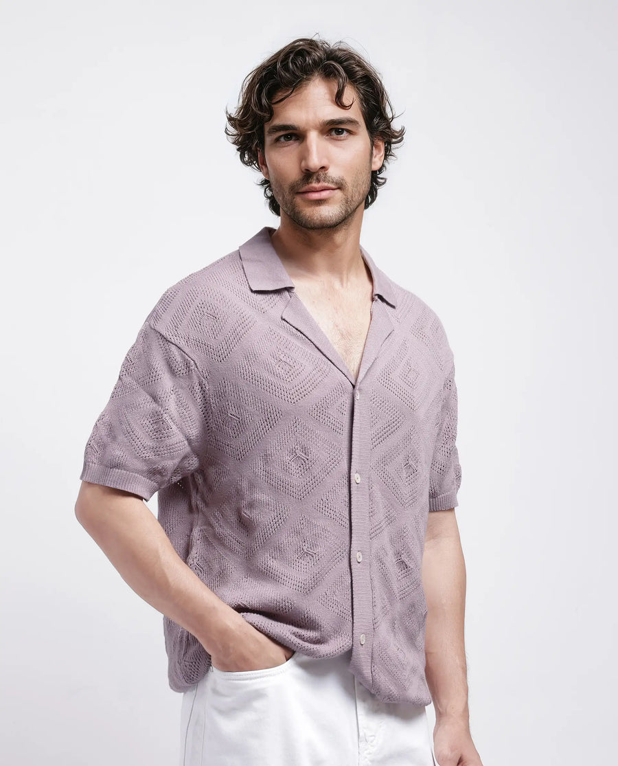 Rare Rabbit Men's Wats Dusky Pink Cotton Knitted Boxy Fit Half Sleeve Cuban Collar Shirt