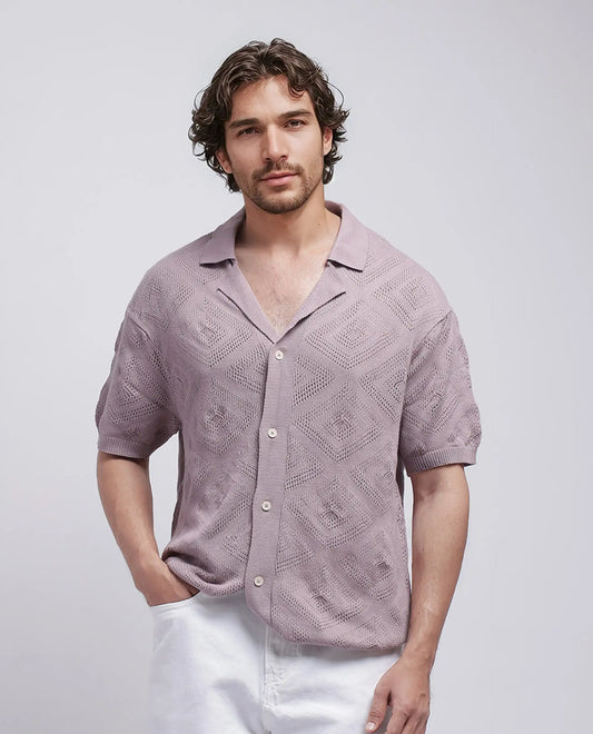 Rare Rabbit Men's Wats Dusky Pink Cotton Knitted Boxy Fit Half Sleeve Cuban Collar Shirt