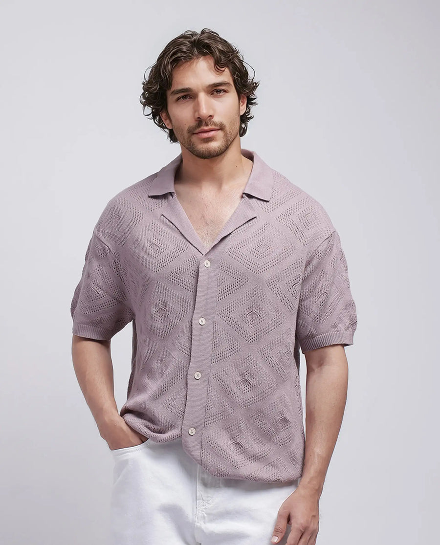 Rare Rabbit Men's Wats Dusky Pink Cotton Knitted Boxy Fit Half Sleeve Cuban Collar Shirt