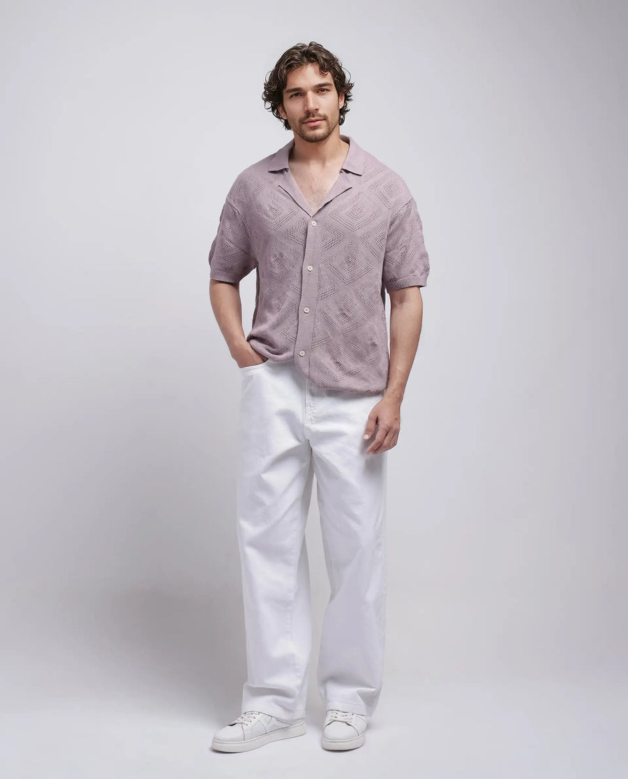 Rare Rabbit Men's Wats Dusky Pink Cotton Knitted Boxy Fit Half Sleeve Cuban Collar Shirt