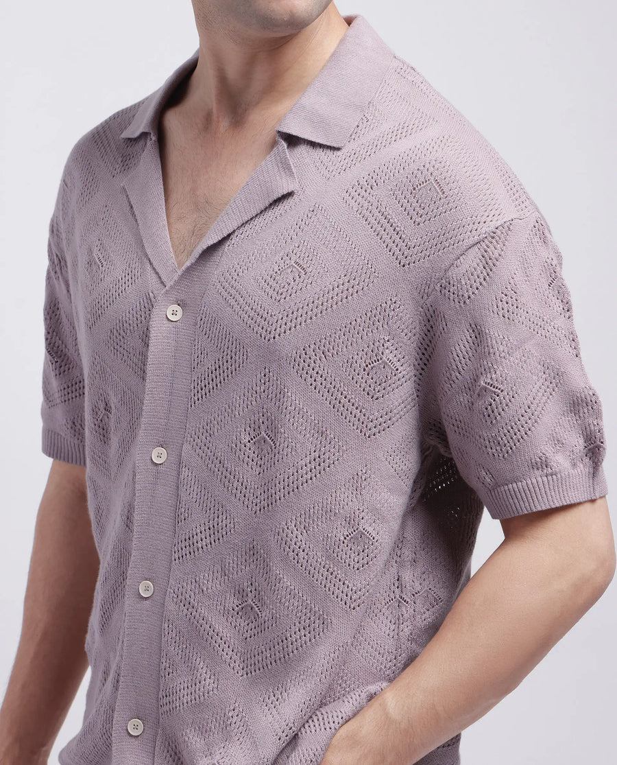 Rare Rabbit Men's Wats Dusky Pink Cotton Knitted Boxy Fit Half Sleeve Cuban Collar Shirt