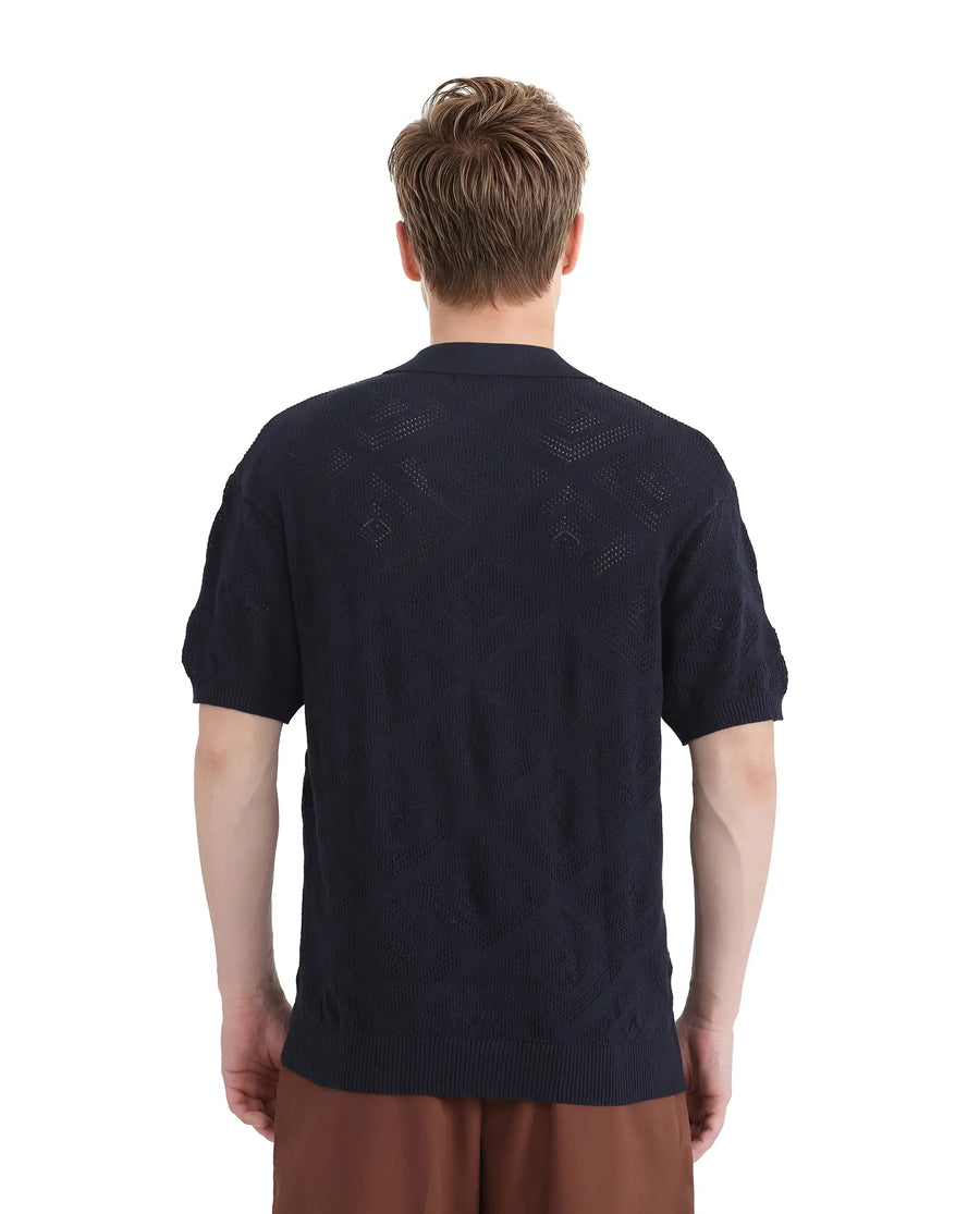 Rare Rabbit Men's Wats Navy Cotton Textured Boxy Fit Half Sleeve Cuban Collar Shirt