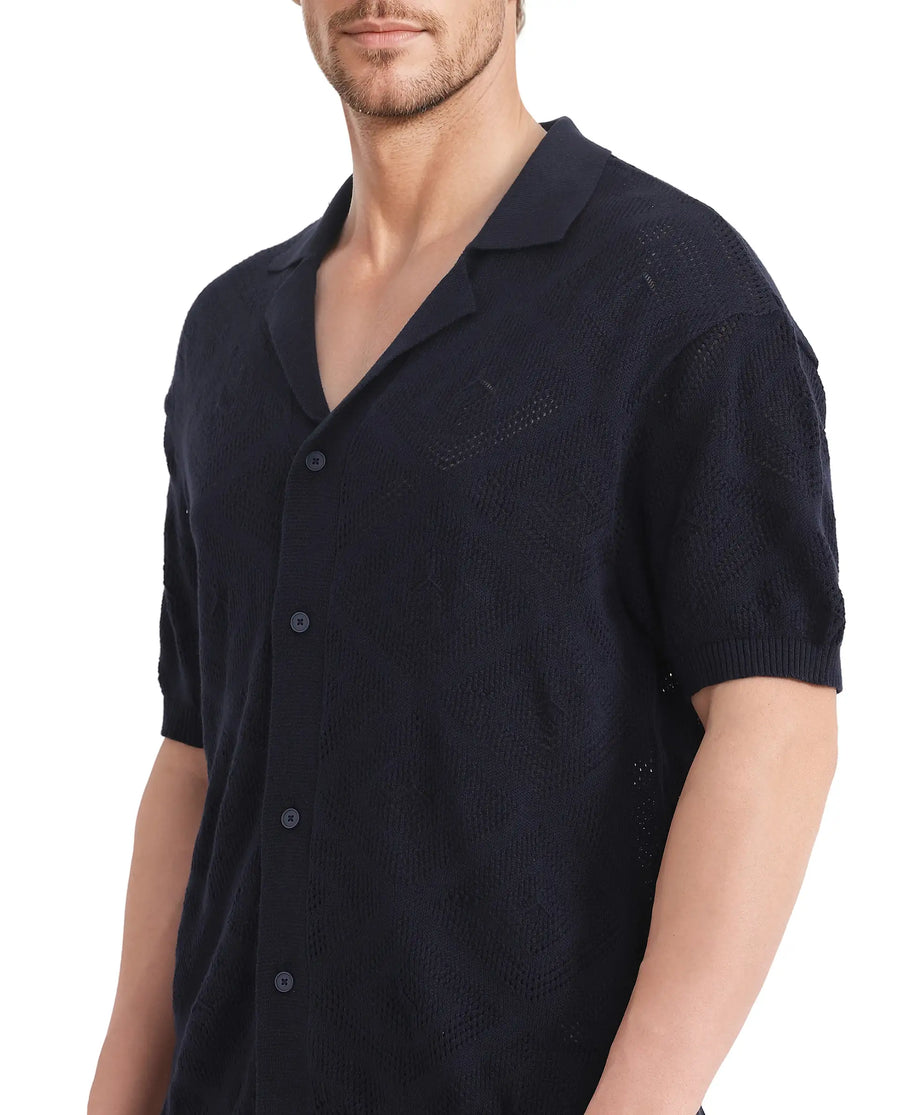 Rare Rabbit Men's Wats Navy Cotton Textured Boxy Fit Half Sleeve Cuban Collar Shirt