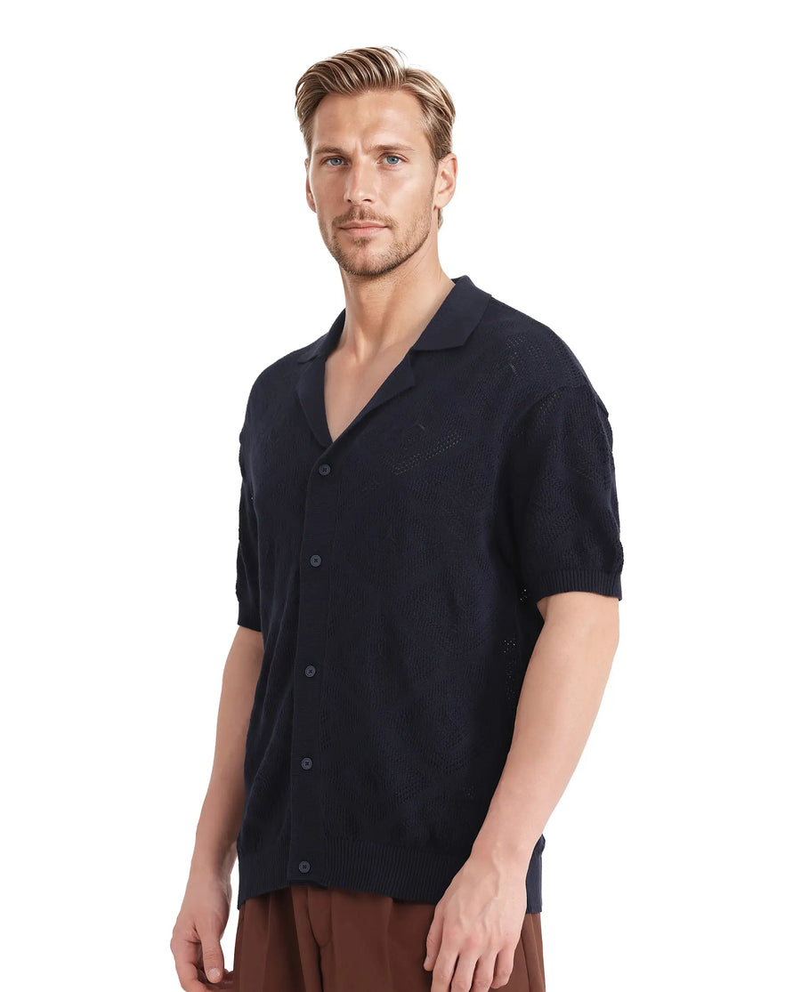 Rare Rabbit Men's Wats Navy Cotton Textured Boxy Fit Half Sleeve Cuban Collar Shirt