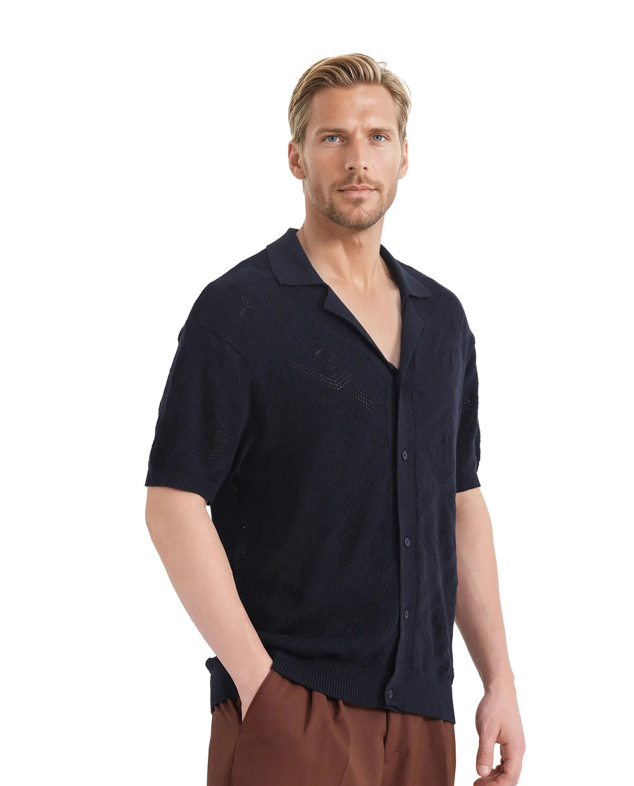 Rare Rabbit Men's Wats Navy Cotton Textured Boxy Fit Half Sleeve Cuban Collar Shirt