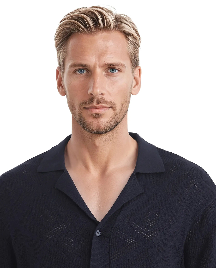 Rare Rabbit Men's Wats Navy Cotton Textured Boxy Fit Half Sleeve Cuban Collar Shirt