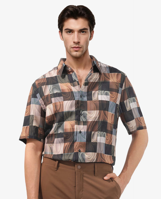 Rare Rabbit Men's Waven Brown Viscose Abstract Print Boxy Fit Half Sleeve Spread Collar Shirt