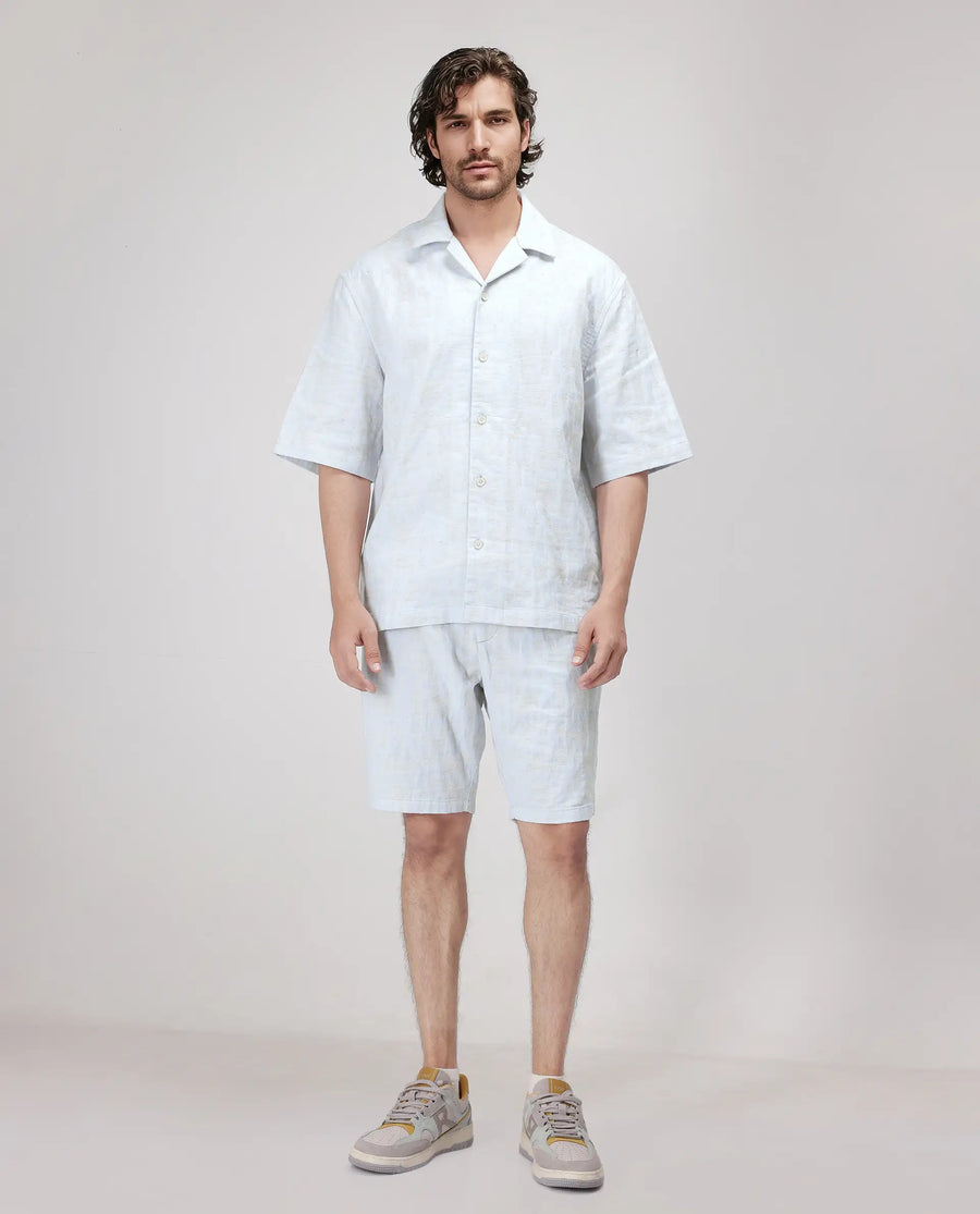 Rare Rabbit Men's Welk Pastel Blue Polyester Blend Jacquard Relaxed Fit Half Sleeve Cuban Collar Shirt