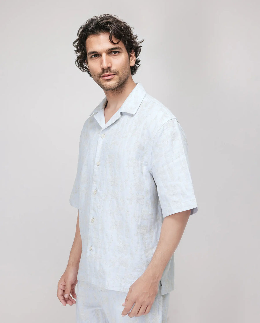 Rare Rabbit Men's Welk Pastel Blue Polyester Blend Jacquard Relaxed Fit Half Sleeve Cuban Collar Shirt