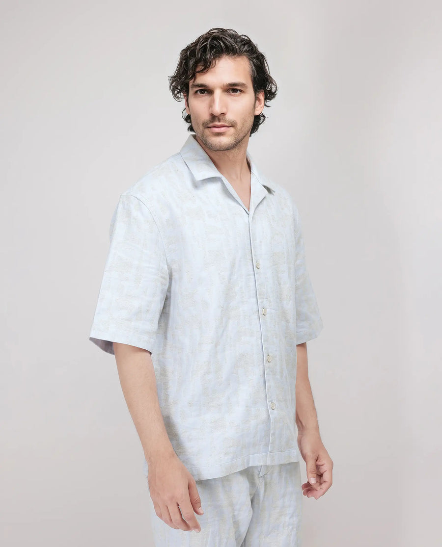 Rare Rabbit Men's Welk Pastel Blue Polyester Blend Jacquard Relaxed Fit Half Sleeve Cuban Collar Shirt