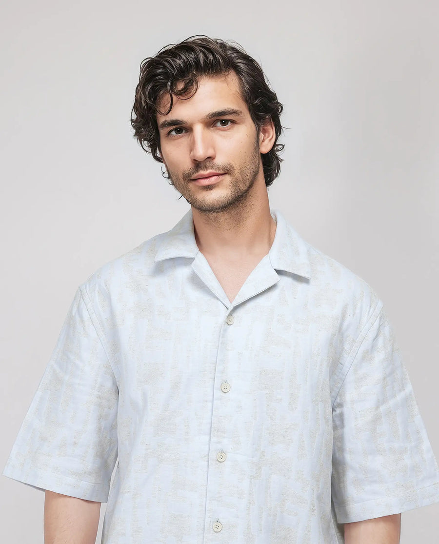 Rare Rabbit Men's Welk Pastel Blue Polyester Blend Jacquard Relaxed Fit Half Sleeve Cuban Collar Shirt
