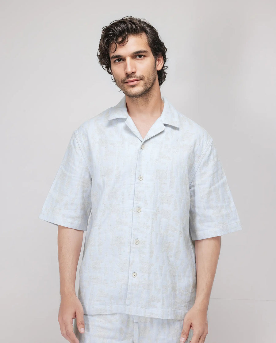 Rare Rabbit Men's Welk Pastel Blue Polyester Blend Jacquard Relaxed Fit Half Sleeve Cuban Collar Shirt