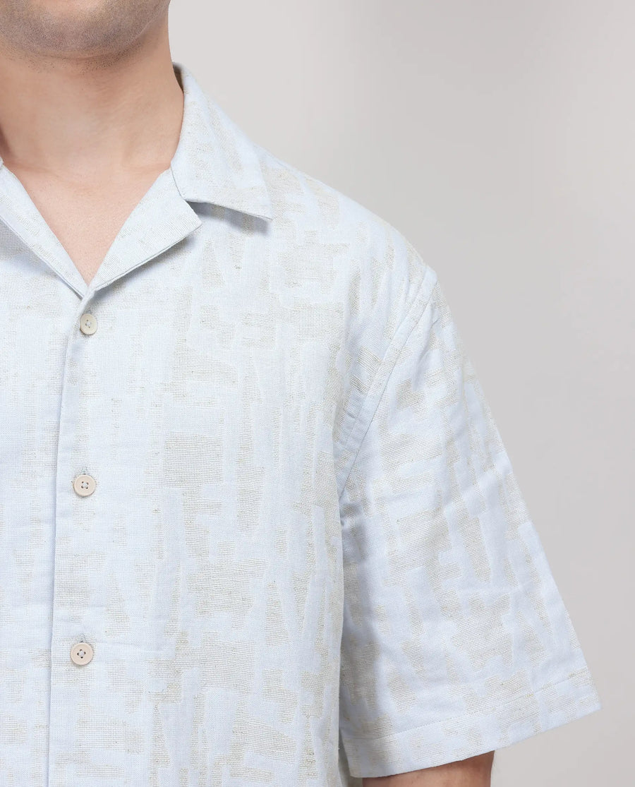 Rare Rabbit Men's Welk Pastel Blue Polyester Blend Jacquard Relaxed Fit Half Sleeve Cuban Collar Shirt