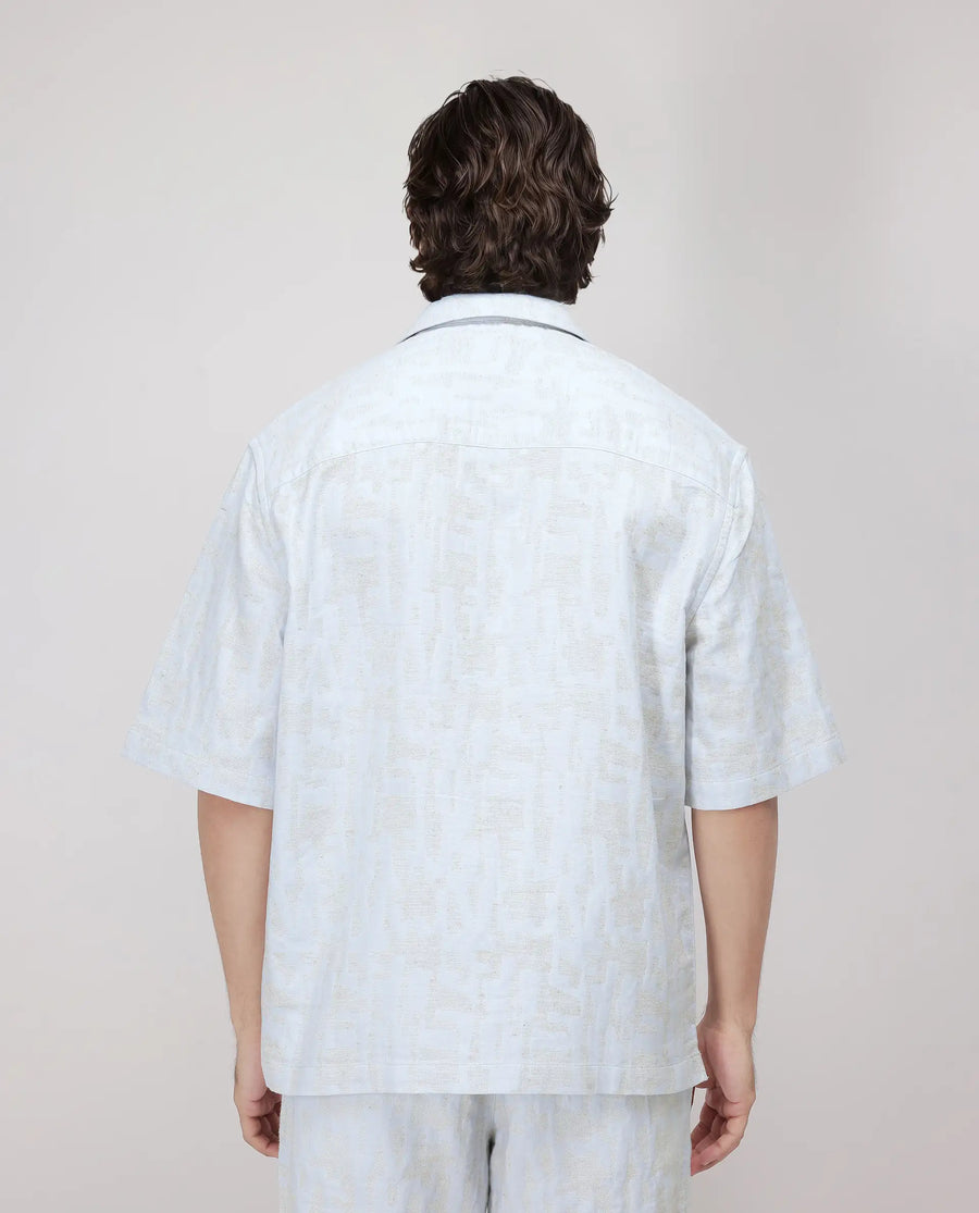 Rare Rabbit Men's Welk Pastel Blue Polyester Blend Jacquard Relaxed Fit Half Sleeve Cuban Collar Shirt