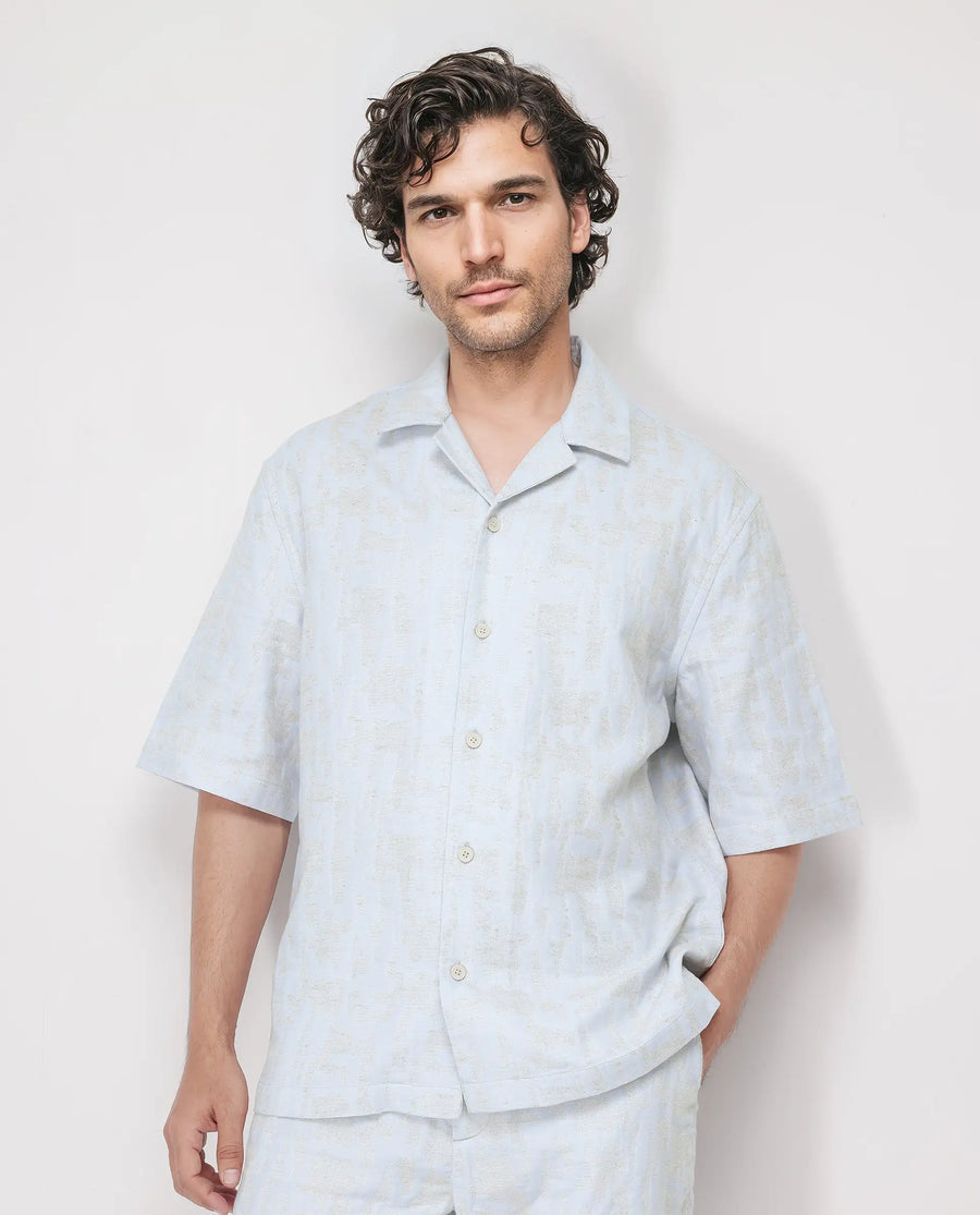 Rare Rabbit Men's Welk Pastel Blue Polyester Blend Jacquard Relaxed Fit Half Sleeve Cuban Collar Shirt