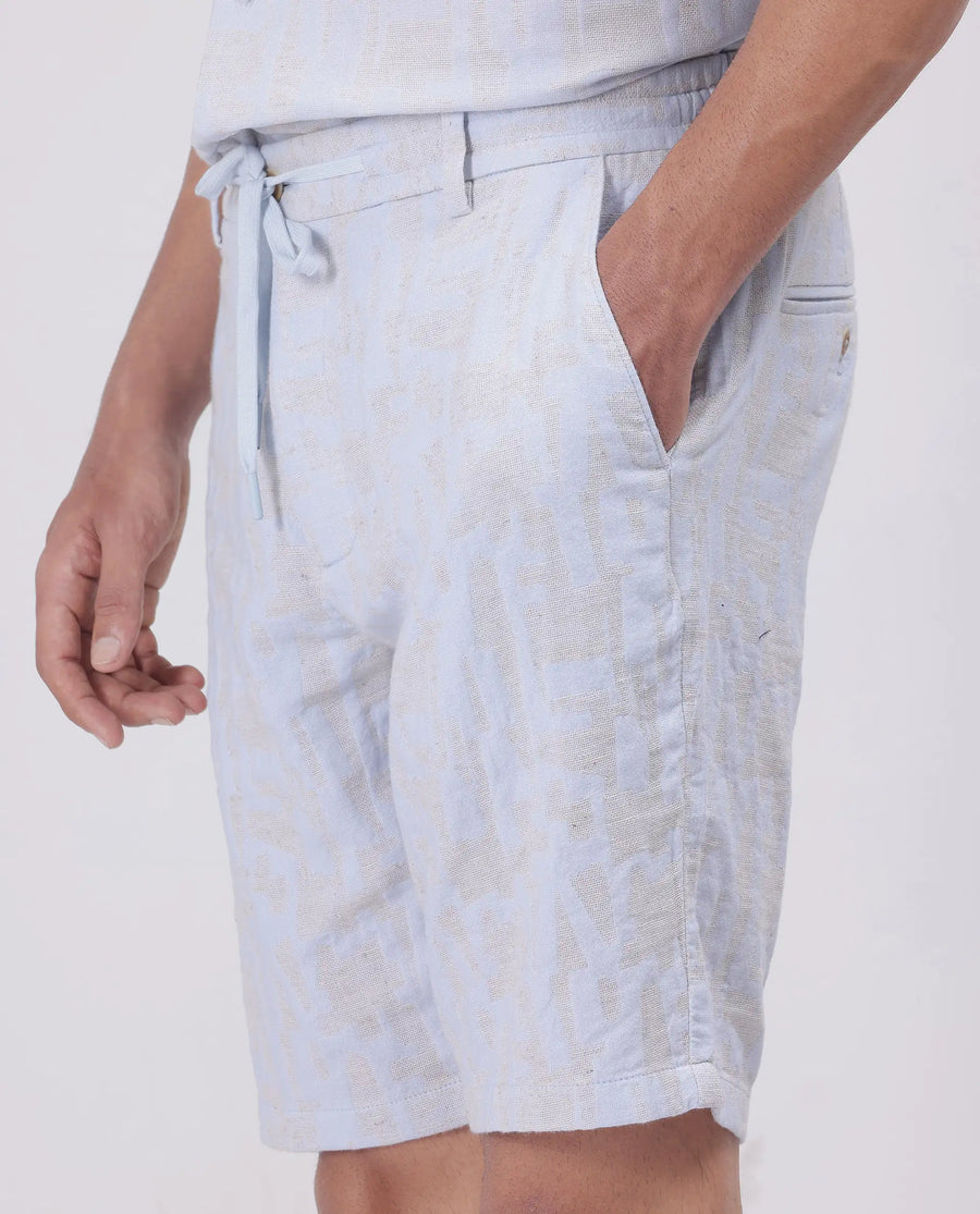 Rare Rabbit Men's Welks Pastel Blue Cotton Jacquard Relaxed Fit Shorts