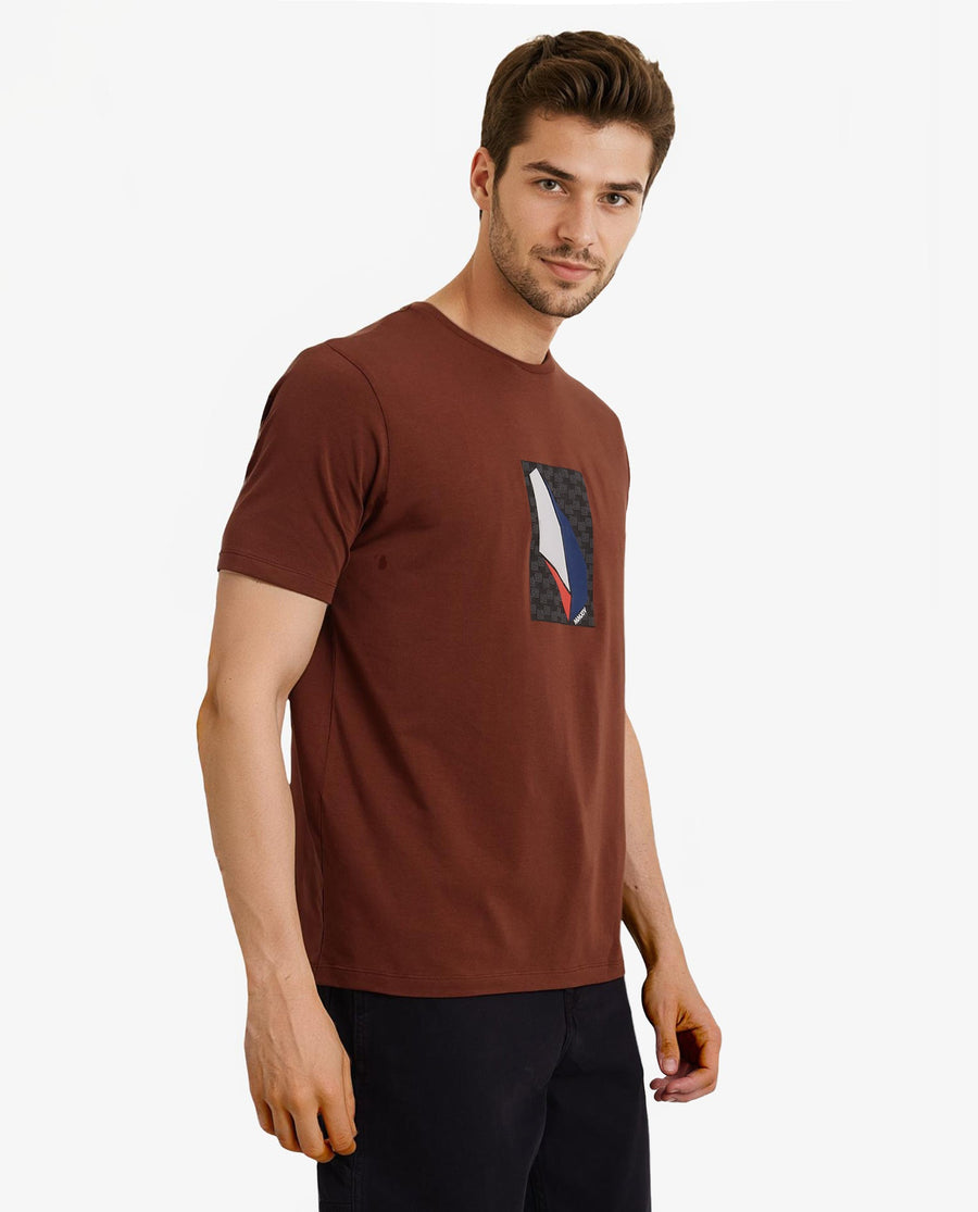 Rare Rabbit Men's Well Rust Cotton Graphic Print Regular Fit Half Sleeve Crew Neck T-Shirt