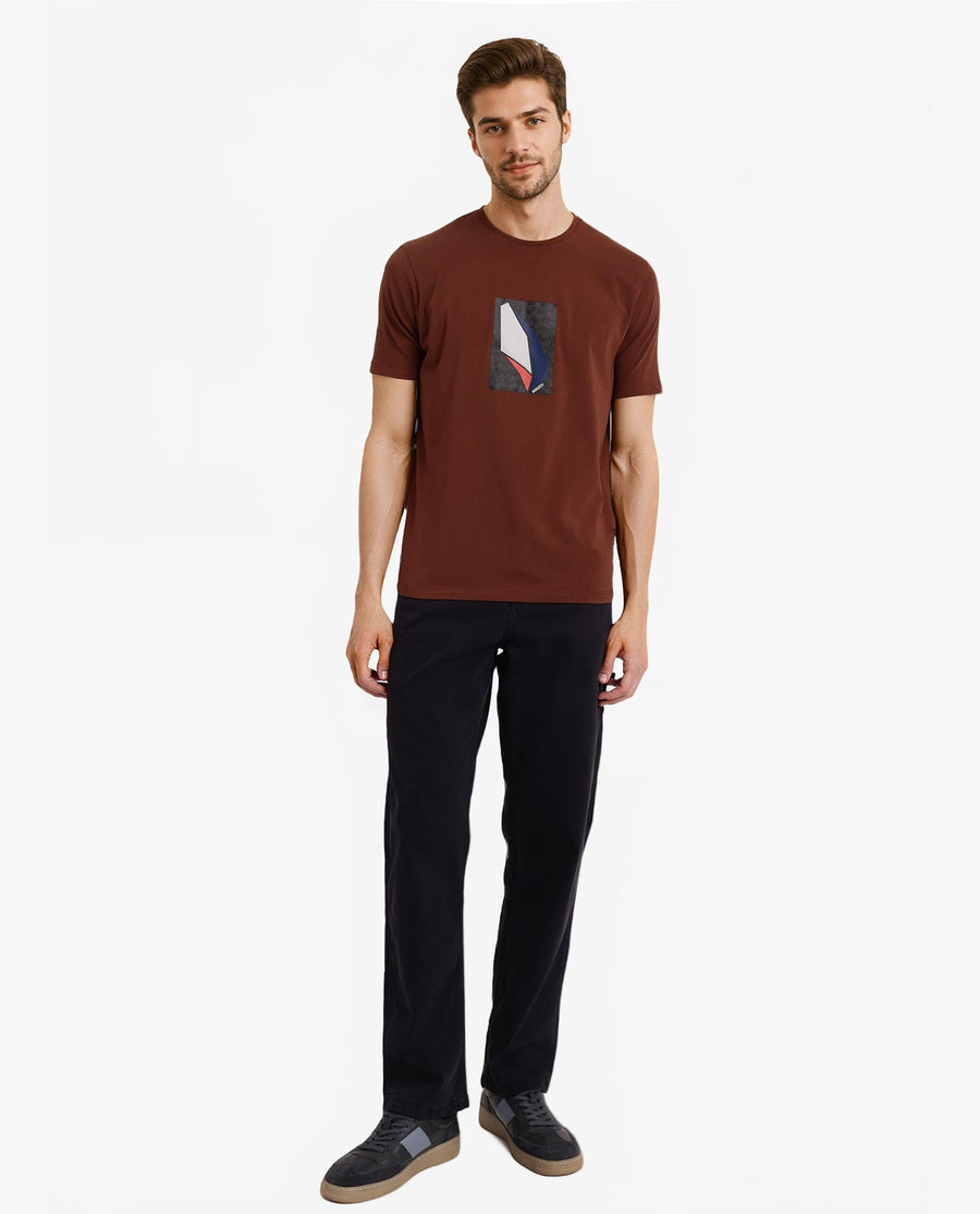 Rare Rabbit Men's Well Rust Cotton Graphic Print Regular Fit Half Sleeve Crew Neck T-Shirt