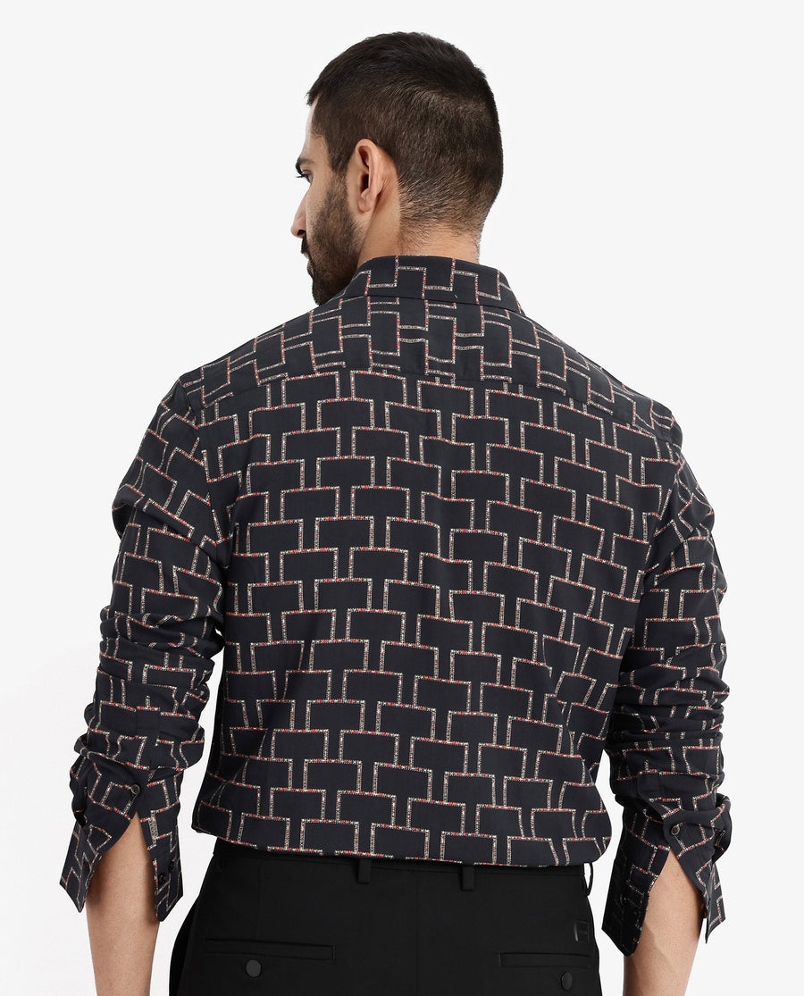 Rare Rabbit Men's Wels Black Viscose Geometric Print Regular Fit Full Sleeve Collared Shirt