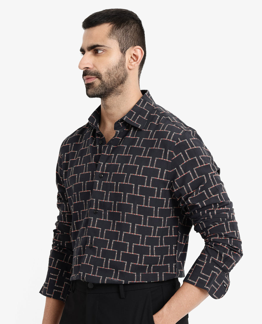 Rare Rabbit Men's Wels Black Viscose Geometric Print Regular Fit Full Sleeve Collared Shirt
