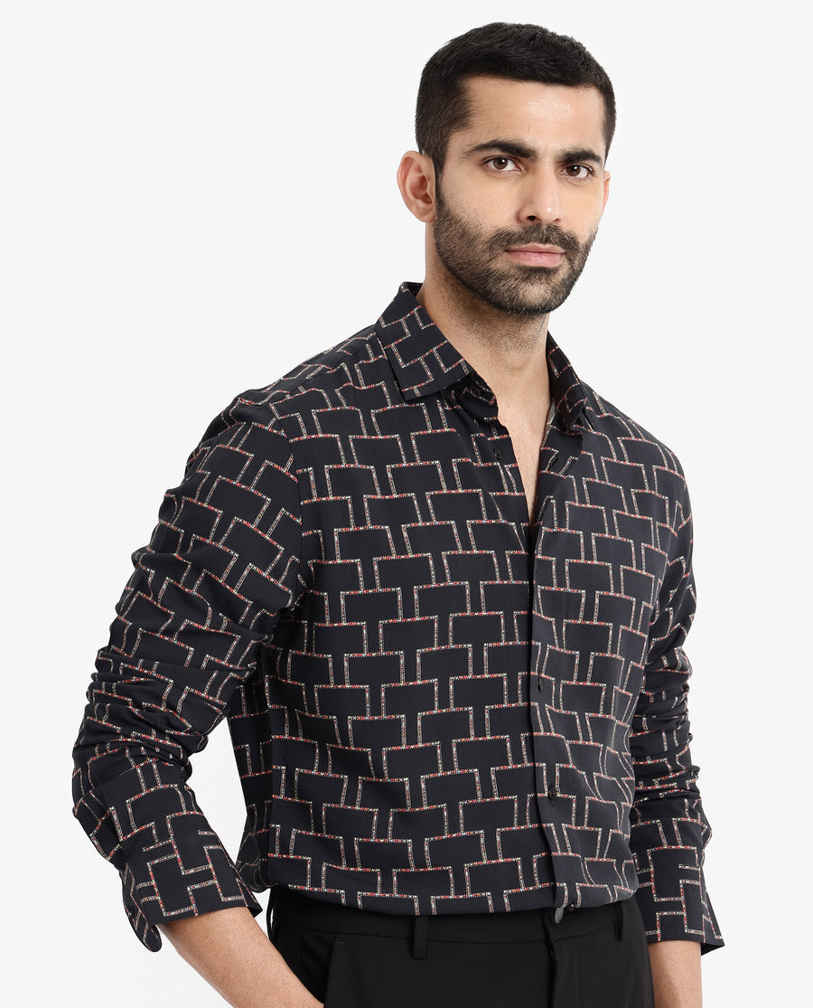 Rare Rabbit Men's Wels Black Viscose Geometric Print Regular Fit Full Sleeve Collared Shirt