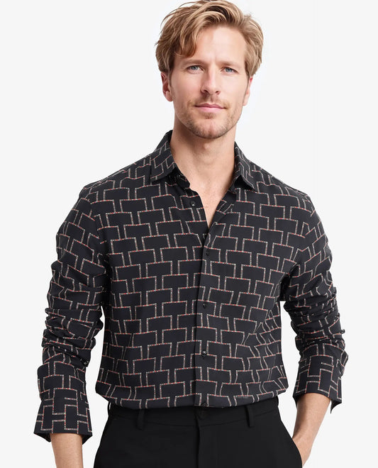 Rare Rabbit Men's Wels Black Viscose Geometric Print Regular Fit Full Sleeve Collared Shirt
