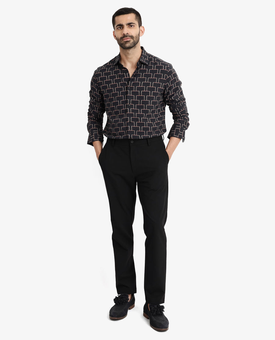 Rare Rabbit Men's Wels Black Viscose Geometric Print Regular Fit Full Sleeve Collared Shirt