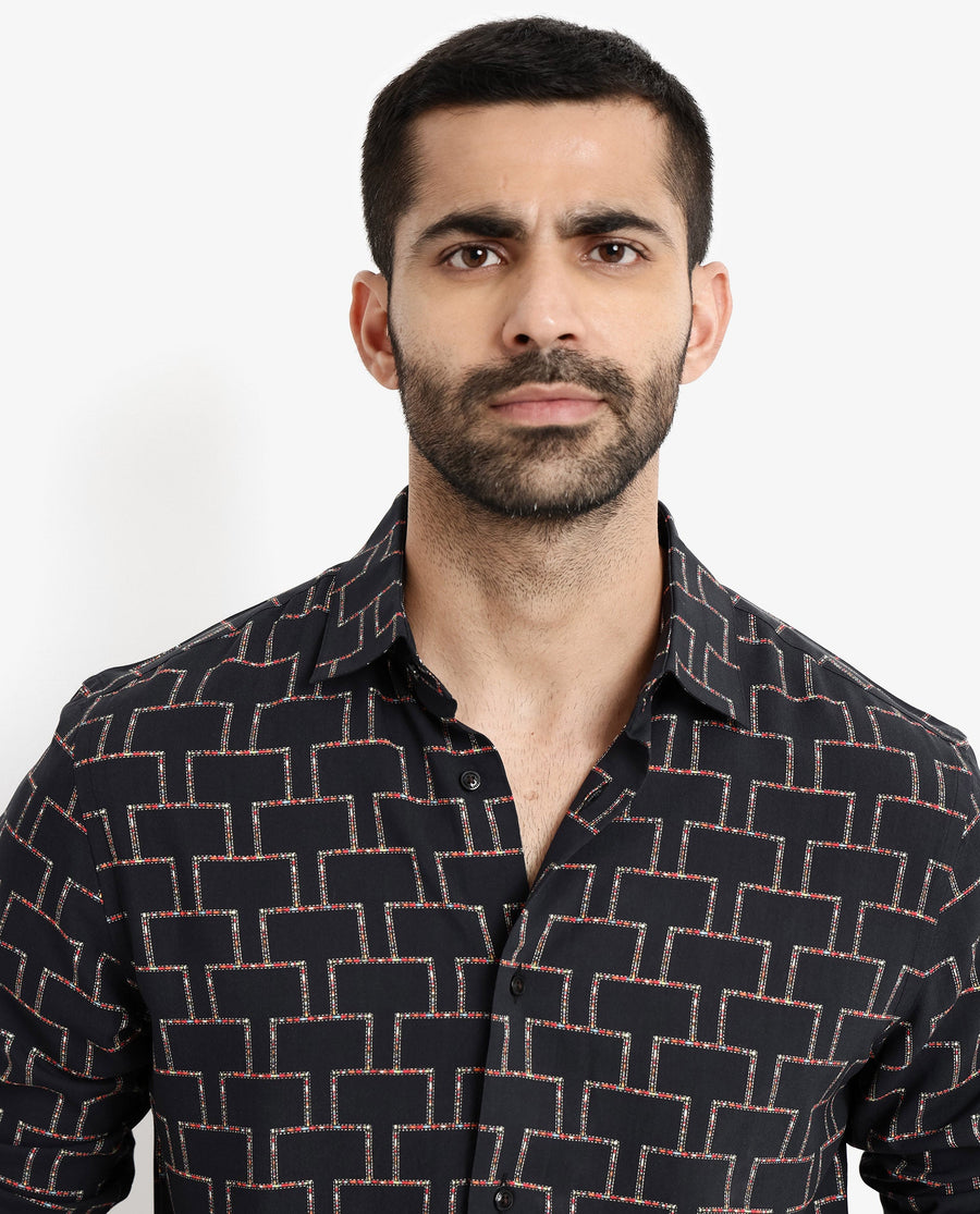 Rare Rabbit Men's Wels Black Viscose Geometric Print Regular Fit Full Sleeve Collared Shirt