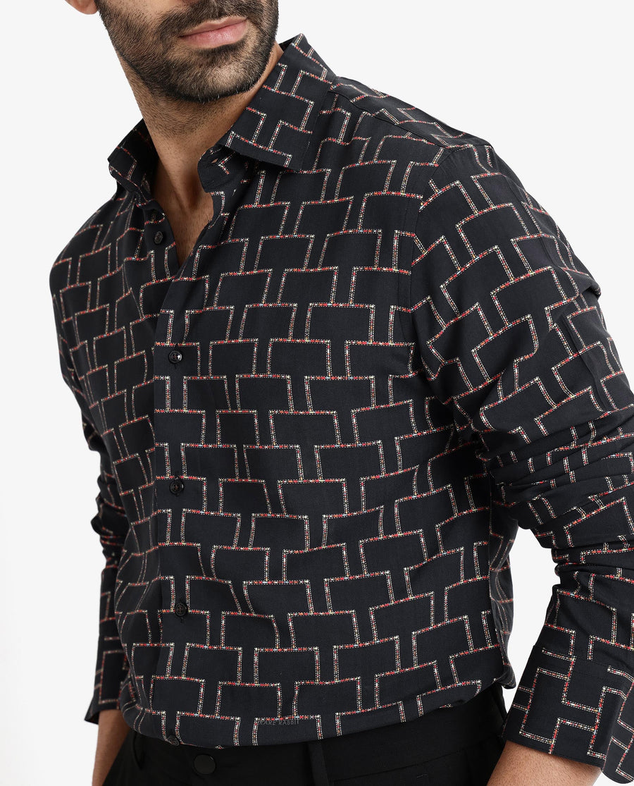 Rare Rabbit Men's Wels Black Viscose Geometric Print Regular Fit Full Sleeve Collared Shirt